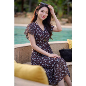 Misoshine | French V-Neck Floral Summer Dress Slim Waist Ruffled Elegant Midi Length