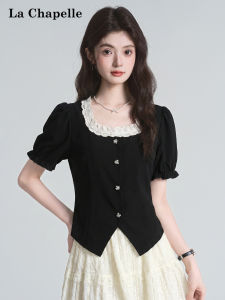 La Chapelle | Lace Border Irregular Design Puff Sleeves T-Shirt