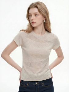 Slim Breathable Skin-Friendly Khaki Hollow Stripe Knit T-Shirt