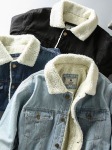 Dày Dặn Lông Cừu Lót Denim Áo Khoác Dành Cho Nam Giới Thoải Mái Áo Khoác Ngoài Đã Giặt Nhiều Túi Phiên Bản Tiêu Chuẩn Dài Tay Áo Chiều Dài Thông Thường
