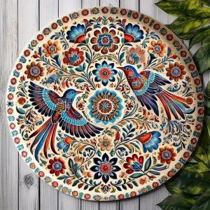 Floral Round Metal Wall Art | Iron Plate with Lush Foliage Design Perfect for Home Bar or Cafe Decor Mexican Home Decor