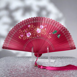 Full Bamboo Rose Style Fan Traditional Cheongsam Dance Womens Portable Handheld Hollow Carving Tassel Classical Retro Fan