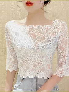 เสื้อเชิ้ตชั้นในผู้หญิง เสื้อเชิ้ตลูกไม้ แขนยาว ทรงหลวม ฤดูร้อน 2024 เสื้อเชิ้ตผู้หญิงสไตล์หวาน