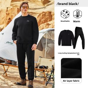 Jeep | Jeep Mens Knitted Set Thickened Warm Round Neck Sweatshirt Autumn Winter Elastic Breathable Pants Cotton Polyester Spandex Blend