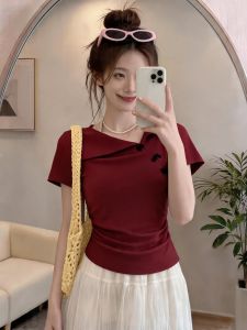 Red V-Neck Short-Sleeve T-Shirt Slimming
