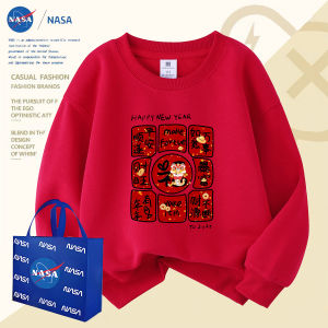 NASA New Chinese Style 2026 Year of the Horse Family Matching Hoodies Red Fleece Lined Parent-Child Outfits Autumn Winter Kids Clothes