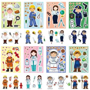 8/16/24PCS Cute Cartoon Career Face Changing Stickers Doctor Teacher Kids DIY Decals for Scrapbook Journal Craft Reward