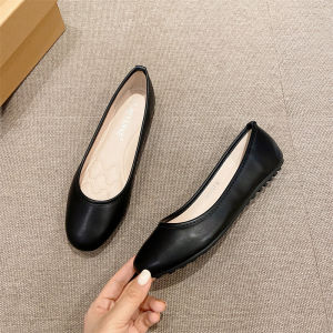 Fashionable Flat Work Shoes for Women Summer New Style Comfortable Ballet Soft Leather Black Casual Shoes round Toe Glue Welding