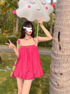 Sweet Summer Slant Strap Cute Mini Dress in Red Hot Pink Cotton Blend Material for College Girls 18-24