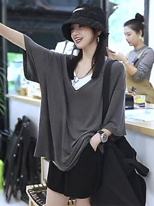 Fake Two-Piece Ice Silk V-neck Short Sleeve T-Shirt Women 2024 New Arrival Summer Loose Belly-Covering Easiest for Match Tops Casual Plus Size