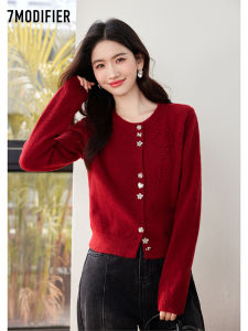 Lachapelle Red Butterfly Knot Sweater Womens Fashion Knitted Cardigan Spring Festival Celebration Regular Fit Long Sleeve