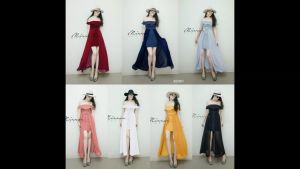 CC 4058 เดรสยาวปาดไหล่ เดรสงานแต่ง เดรสออกงาน ผ่าหน้าต่อผ้าชีฟอง (ฟรีไซส์ M อก 30-34 เอว26-28 สพ34-38)