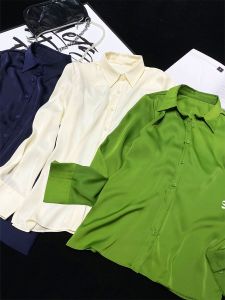 Slimming Pure Color Satin Shirt Womens Loose Fit Fashionable Imitation Silk Bright Surface CCA Special Polo Collar Long Sleeve