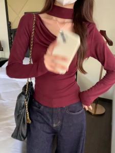 AMMIN 2024 Autumns new fashion neckline V-neck simple solid color long-sleeved T-shirt womans Korean version style pleated waist casual elegant blouse