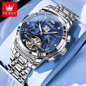 OLEVS 9910 Original Mens Automatic Mechanical Watch Luxury Skeleton Stainless steel Waterproof Luminous Watches