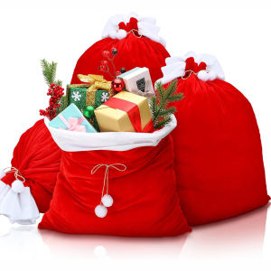 Large Red Velvet Christmas Bag with White Pompom  Fluffy Gift Storage Pouch for Presents Festive Holiday Organizer Suitable