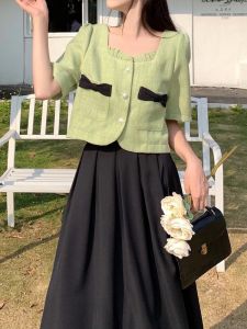 Áo Sơ Mi Dạ Tweed Cúc Ngọc Đính Nơ Siêu Xinh