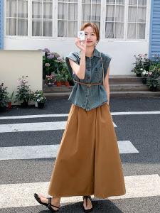 Casual Style Denim Sleeveless Shirt Half Skirt Set Women Summer 2025 New Anti-Aging OOTD Matching Two-Piece Set Polo Collar Button