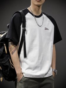 Summer New Color Block Splice Shoulder Mens T-Shirt Loose Fit Casual Cotton round Neck Short Sleeve Printed Top Street Style