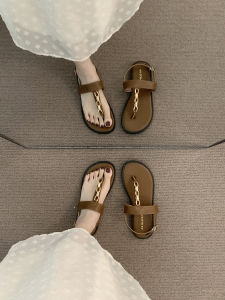 Retro Forest System Chain Sandals Fairy Shoes Soft Bottom Roman Style Beach Vacation Flat Heel Strap up Closure Ultrafine Fiber