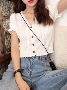 Summer White V-Neck Ice Silk Knitted Short Sleeve T-shirt for Women French Style Unique Short Length Upper Clothing