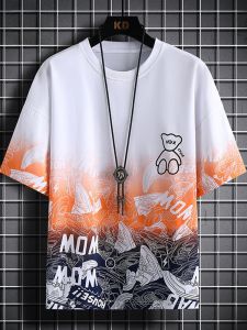 ROMON | Lomond Mens Summer Thin Gradient Loose Casual Round Neck Short Sleeve Ice Silk T-shirt Fashion Urban Style Cotton Polyester Blend