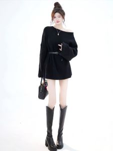 ชุดเดรสยาวแขนกุดถักคอตตอนสีพื้นทรงเอเข้ารูปสำหรับผู้หญิงในฤดูใบไม้ร่วงและฤดูหนาว ชุดเดรสสั้นทรงเข้ารูปเอวสูง