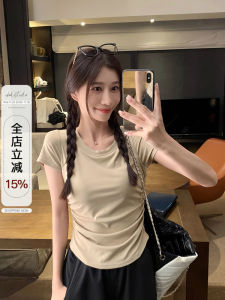 EKOOL Womens Short Sleeve T-Shirt Slim Fit Korean Style round Neck Top with Chest Pad Bum Shortened Design Summer Fashion