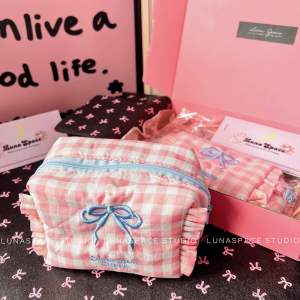 LUNASPACE STUDIO【Sweet Store Supply🎀】日系少女粉色格纹POMPOM小胖包Japanese Cute Ribbon Coins Pouch