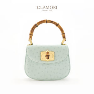 Saddle Crossbody Bag Bamboo Design Ostrich Print Calf Leather Luxury