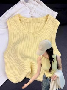 Retro White Knitted Vest Womens Outerwear Summer Fashionable Sleeveless Base Layer Tank Top Commute Style Slim Fit Short Length