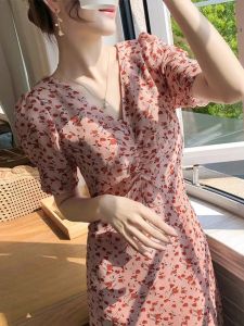 French Floral V-Neck Dress Womens Summer New Gentle Tea Break Elegance Long Slimming Waist Cinched Fish Tail Skirt