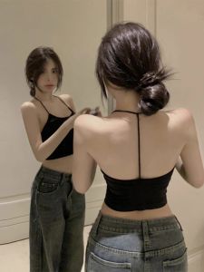 Halter Strap Backed Padded Crop Top Black Feminine Lightweight Upper Garment
