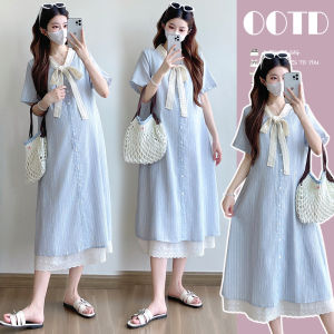Stylish Striped Single Button Lace Spliced Bow Pseudo-Piece Maternity Dress Medium-Length