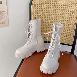 Giày Bốt Martin Phong Cách Anh Màu Trắng Đế Dày Cao Gót Bốt Cao Đến Giữa Bắp Chân Cho Nữ Mùa Thu 2023