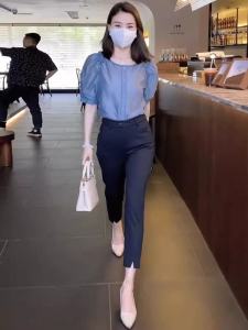 Elastic Spring Summer Womens Suit Pants High Waist Slim Fit Cotton Blend Fabric Straight Leg Eighteenths Black OL Office Pants