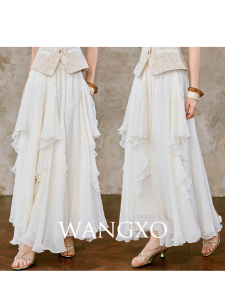 WANGXO | Textured Shiny Organza Layered Ruffled Slimming Maxi Half Skirt