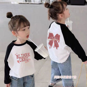 Girls Long Sleeve T-Shirt Color Block Pure Cotton Thin Fashionable Versatile Top Trendy Casual Standard Fit Spring Autumn Wear