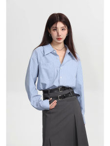 เสื้อเชิ้ตผู้หญิงสไตล์ฝรั่งเศสย้อนยุคสีน้ำเงินลายทาง เสื้อเชิ้ตทรงหลวมแขนยาวฤดูใบไม้ร่วง/ฤดูหนาว เสื้อเชิ้ตทำงานสำหรับใส่ในชั้นใน OL เสื้อเชิ้ต