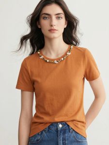 Basic House | Orange Beaded Short Sleeve T-Shirt for Women