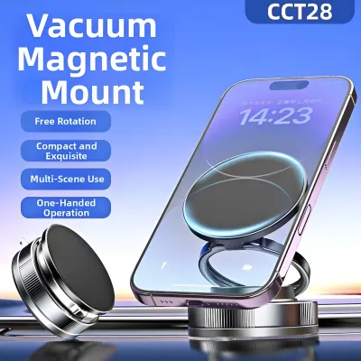 Vacuum Suction Magnetic Car Phone Holder Foldable 360 Degree Rotation Dashboard Mount Compatible With All Magnetic Smartphones