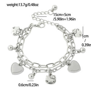 Sanrio | Silver Tone Hello Kitty Layered Chain Bracelet Zinc Alloy with Kitty & Heart Charms Adjustable Link Wristband for Girls