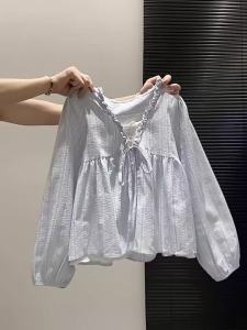 LUOSHAO | Floral Lace V-Neck Tied Blouse Womens Casual Loose Long Sleeve