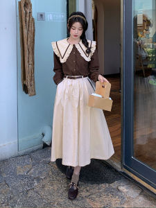 French Vintage Dress Set Women Early Spring Color Collision Wooden Edge Doll Collar Top Half Skirt Two Piece Set Korean Style Commute