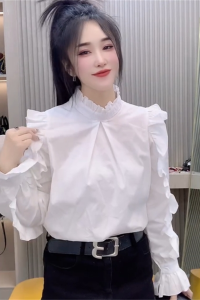 Elegant Long Sleeve Stand Collar Lace Trim Shirt Womens Design Sensation Ageless Chic Versatile Slimming Top Korean Style