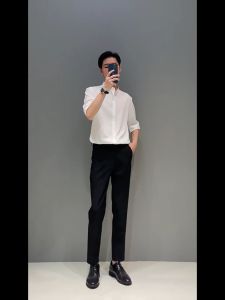 Mandarin Collar Shirt Man Summer Korean Slim Fit Short Sleeve Casual Shirt Men Short -sleeved shirt versatile high -level high -level shirt