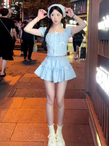 Sweet Japanese Style Butterfly Knot Blue Plaid Anti-Aging Top Womens Summer High Waist Mini Skirt Two-Piece Set Fashionable Ensemble