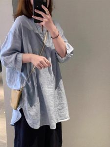 Blue Silk Linen Loose Casual Womens Shirt Vintage Retro Style Slimming Top Spring Summer New Arrival Fashion Trend