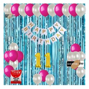 Paket Set Dekorasi Pesta Balon Ulang Tahun & Banner Happy Birthday Putih Tirai Ultaḥ Biru Muda