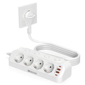 HITRENDS flat plug european power strip with 2m extension cable 4 AC outlets 2 USB 2 Type C PD20W fast charge Corner socket